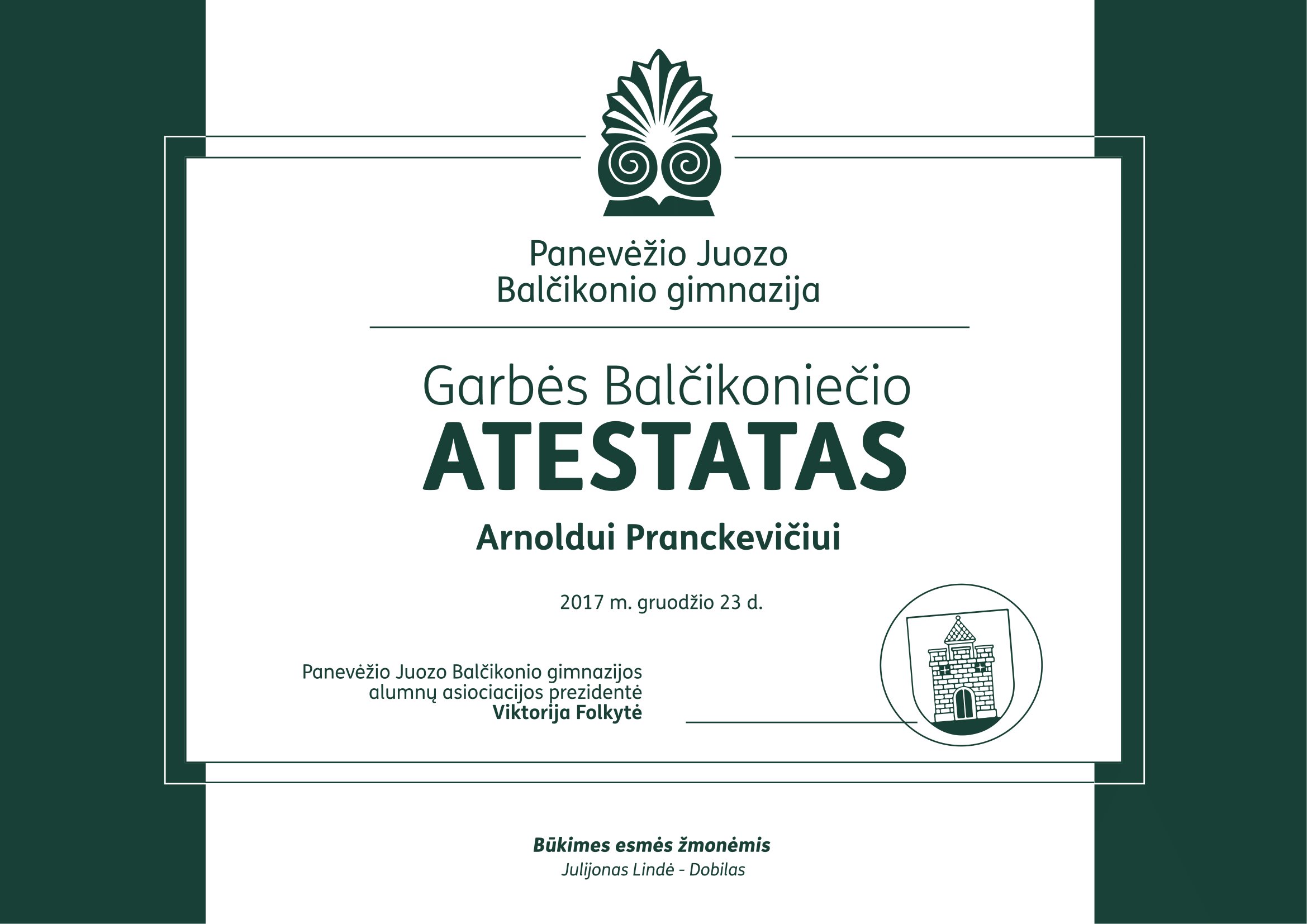 Garbės atestatas Arnoldui Pranckevičiui